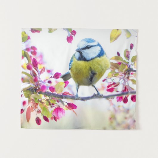 Hübscher Blauer und Gelber Bird auf einem Zweigbil Wandteppich (Vorderseite (Horizontal))