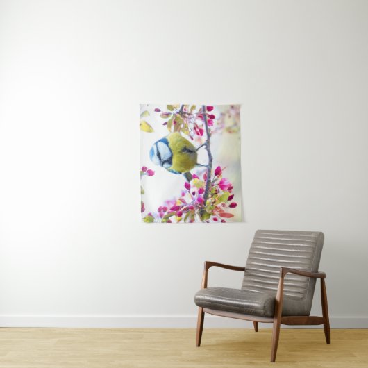 Hübscher Blauer und Gelber Bird auf einem Zweigbil Wandteppich (Beispiel)