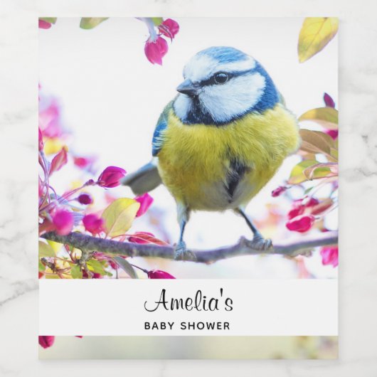 Hübscher Blauer und Gelber Bird auf einem Zweigbil Weinetikett (Einzelnes Label)