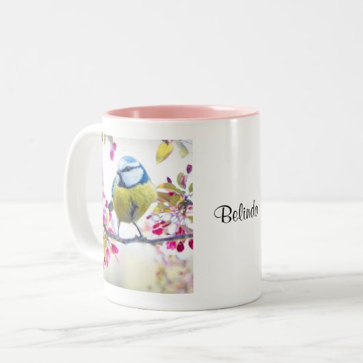 Hübscher Blauer und Gelber Bird auf einem Zweigbil Zweifarbige Tasse (Vorderseite Links)