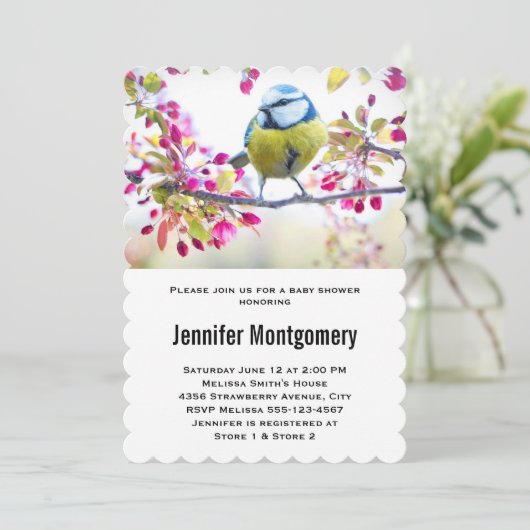 Hübscher Blauer und Gelber Bird auf einer Zweig-Ba Einladung (Stehend Vorderseite)