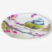 Hübscher Blauer und Gelber Bird auf einer Zweig-Ba Pappteller (Schrägansicht)