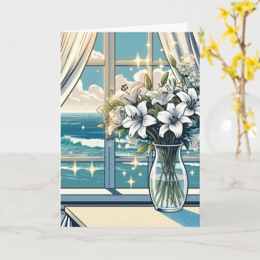 Hübscher Blick auf den Ozean und Vase von Blume zu Karte (Gelbe Blume)