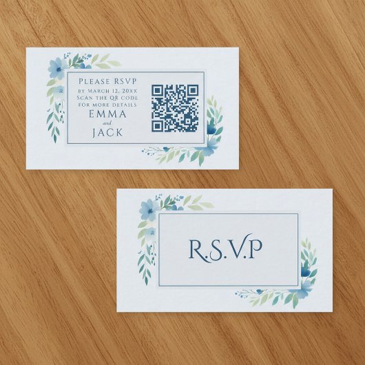 Hübscher Blue Floral Wedding RSVP QR Code Begleitkarte