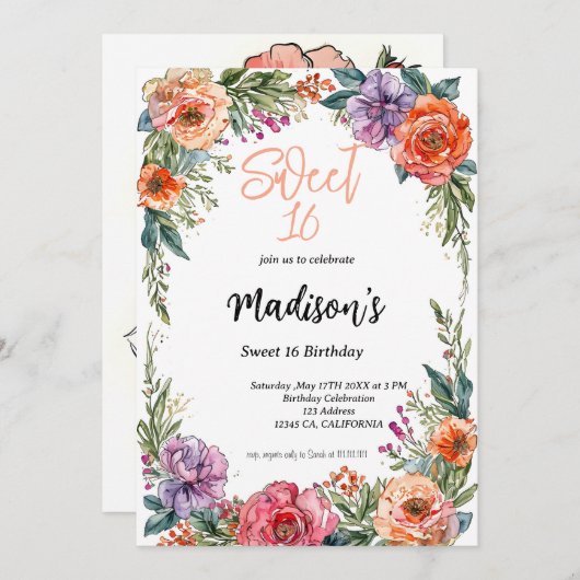 Hübscher, blumenfarbener Bogen Sweet 16 Einladung (Vorne/Hinten)