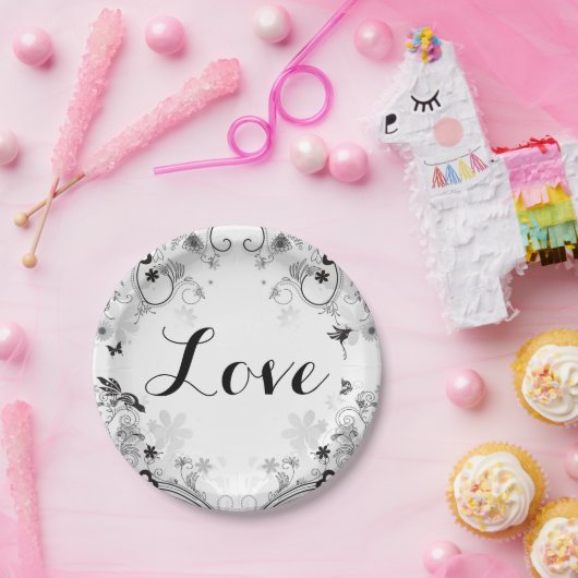 Hübscher Blumengarten und Vögel ~ Schwarze, weiße Pappteller (Party)