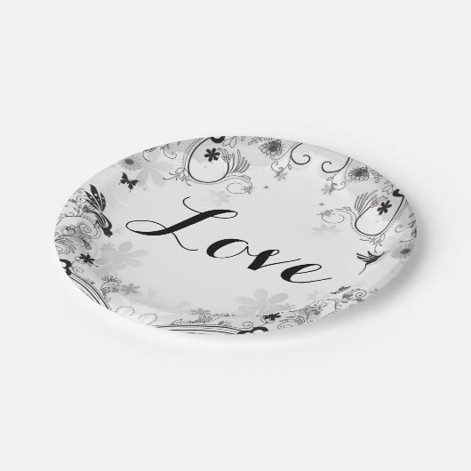 Hübscher Blumengarten und Vögel ~ Schwarze, weiße Pappteller (Schrägansicht)