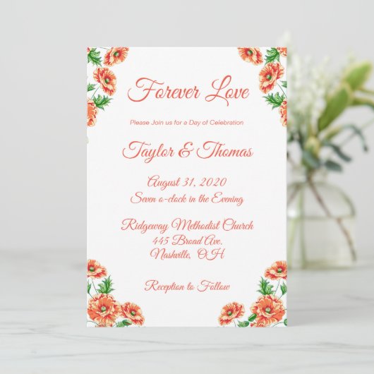 Hübscher Blumenpfirsiche | Orange Script Wedding Einladung (Stehend Vorderseite)