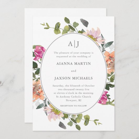 Hübscher Blumenrahmen mit Gründecke Einladung (Vorne/Hinten)