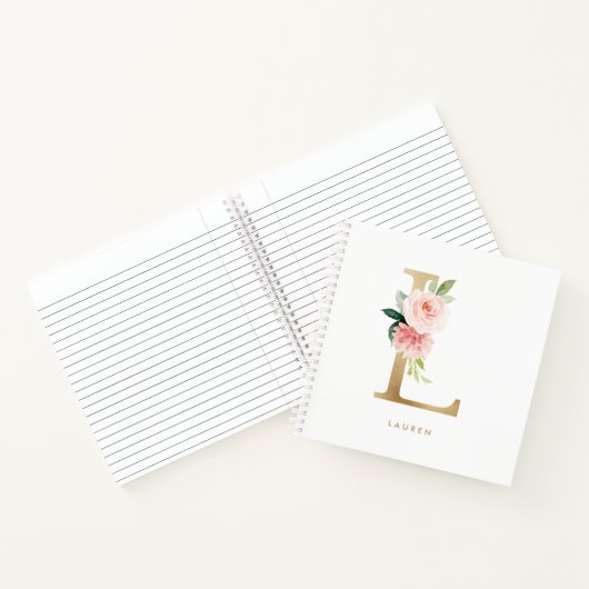 Hübscher Blush Floral Gold Brief L Monogramm Notizblock (Innenseite)