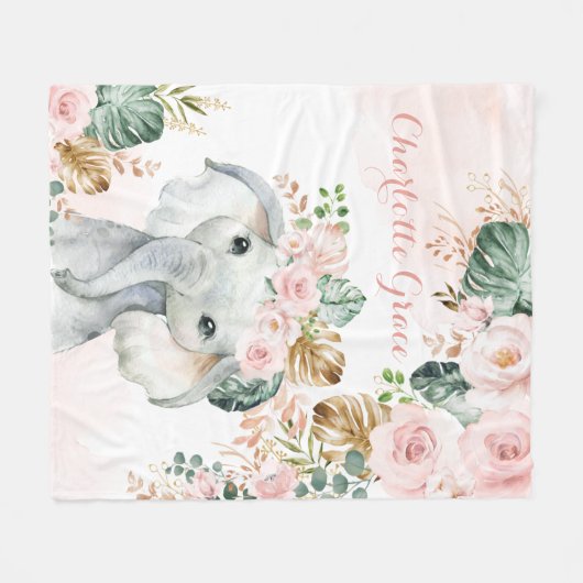 Hübscher Boho Tropical Elephant Blush Pink Floral Fleecedecke (Vorderseite (Horizontal))