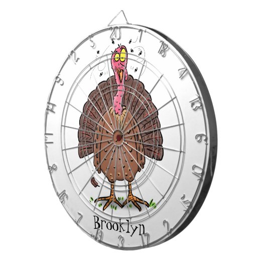 Hübscher, brauner Zuchttruthahn mit Fliegen Cartoo Dartscheibe (Vorderseite rechts)