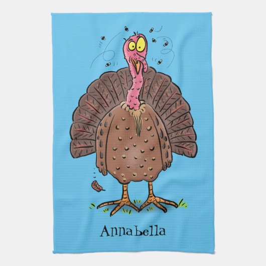 Hübscher, brauner Zuchttruthahn mit Fliegen Cartoo Geschirrtuch (Vertikal)