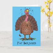 Hübscher, brauner Zuchttruthahn mit Fliegen Cartoo Karte (Gelbe Blume)