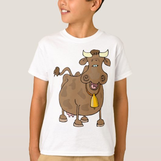 Hübscher Cartoon Braune Kuh mit Glockenfarm T-Shirt (Vorderseite)