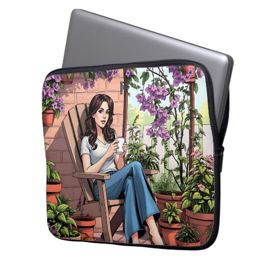 Hübscher Dame Drinking Coffee Relaxen im Freien Laptopschutzhülle (Vorderseite Links)