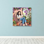 Hübscher Dame Drinking Coffee Relaxen im Freien Leinwanddruck (Insitu (Holzboden))