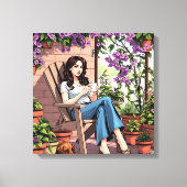 Hübscher Dame Drinking Coffee Relaxen im Freien Leinwanddruck (Vorderseite)