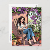 Hübscher Dame Drinking Coffee Relaxen im Freien Postkarte (Vorne/Hinten)