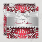 Hübscher Diamantbogen und Sparkle Swirl Red Sweet Einladung (Vorne/Hinten)