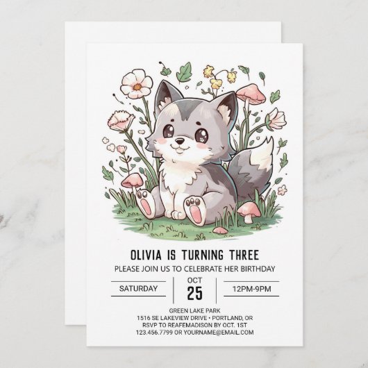 Hübscher digitaler Wolf Geburtstag Einladung (Vorne/Hinten)