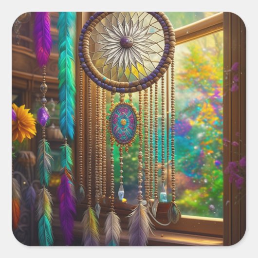 Hübscher Dreamcatcher in Window Lila Boho Quadratischer Aufkleber (Vorderseite)
