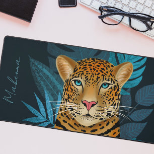 Hübscher Dschungel Leopard Blau Name Schreibtischunterlage