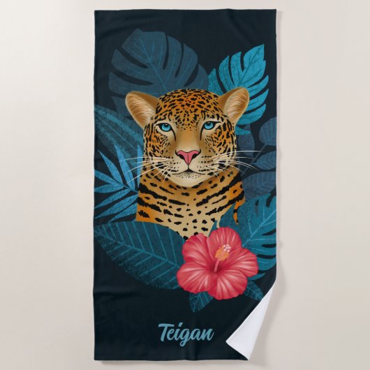 Hübscher Dschungel Leopard | Blau | Name Strandtuch (Vorderseite)