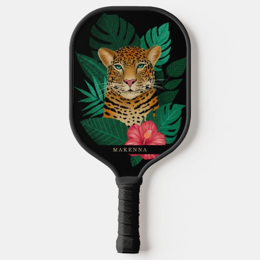 Hübscher Dschungel Leopard | Schwarz | Name Pickleball Schläger (Rückseite)