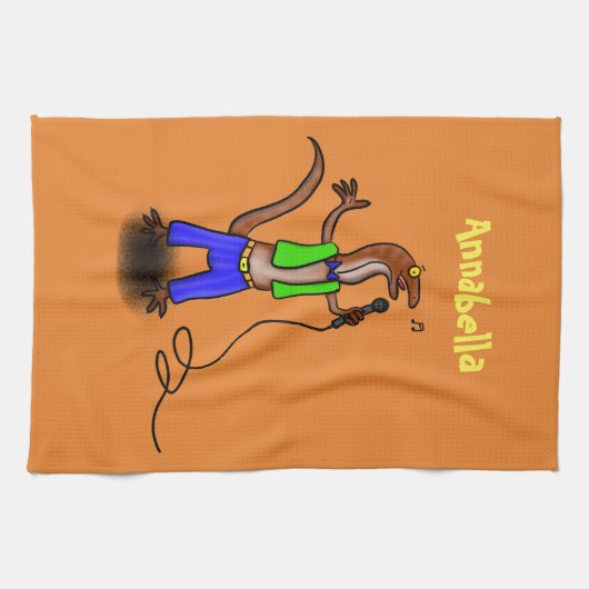 Hübscher Eidechsengesang mit Mikrofon-Cartoon Geschirrtuch (Horizontal)