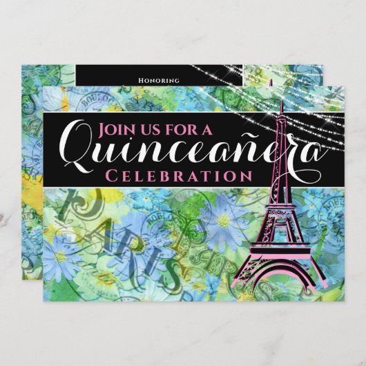 Hübscher eiffeler Turm Paris mit Mass Quinceañera Einladung (Vorne/Hinten)
