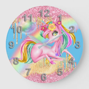 Hübscher, einhornrosa Glitzer Regenbogenmagie Große Wanduhr