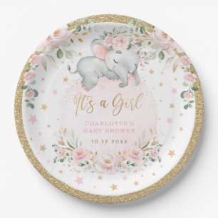 Hübscher Elefant Blush Pink Gold Blume Babydusche Pappteller