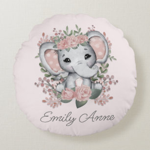 Hübscher Elefant Rosa Blumenmuster Punkte Kinderna Rundes Kissen