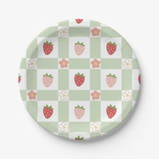 Hübscher Erdbeer-Gingham-Papierteller in Pastellgr Pappteller