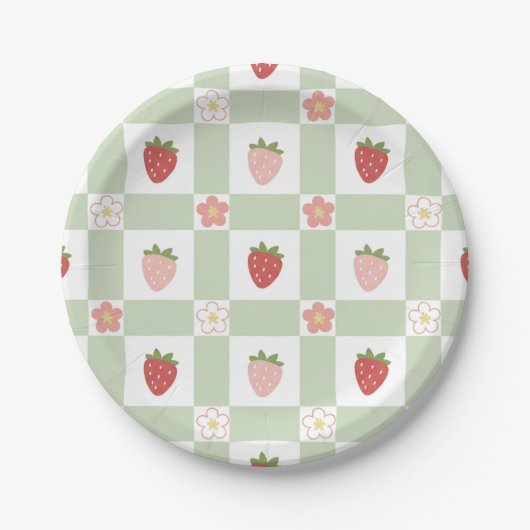 Hübscher Erdbeer-Gingham-Papierteller in Pastellgr Pappteller (Vorderseite)