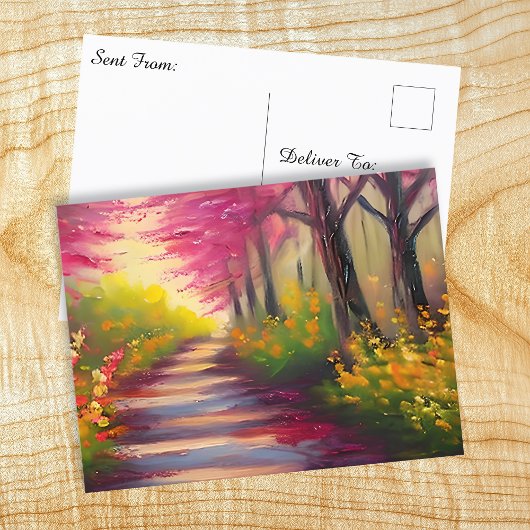 Hübscher Fall Wandern mit rosa Blätter Postkarte