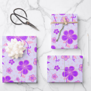 Hübscher floraler Aufdruck lila und rosa auf Laven Geschenkpapier Set