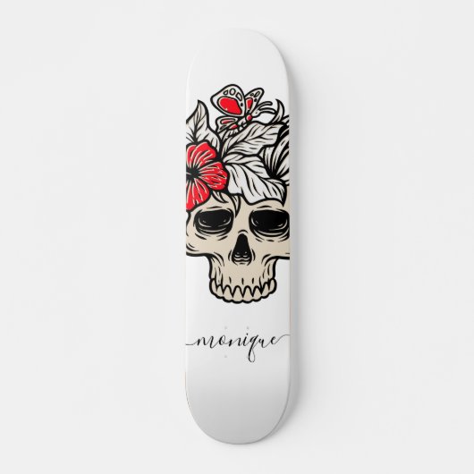 Hübscher floraler Skull Gothic Skeleton Trendy Nam Skateboard (Vorne)
