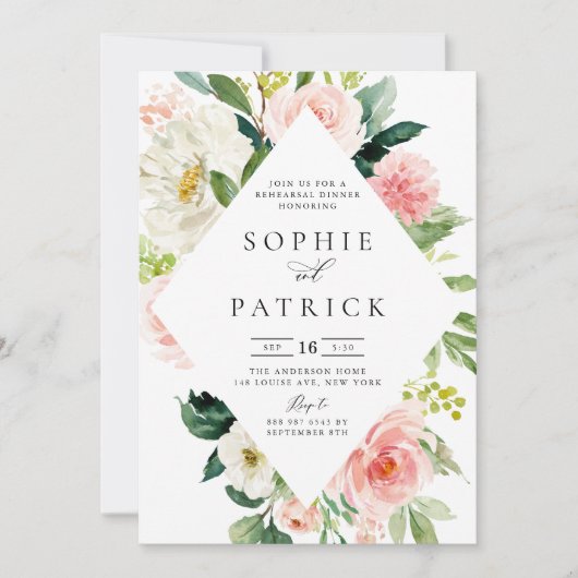 Hübscher Frühling Blumenrahmen Probe Abendessen Einladung (Vorderseite)