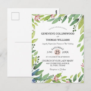 Hübscher Frühling Botanischer Rosa Hochzeit einlad Postkarte