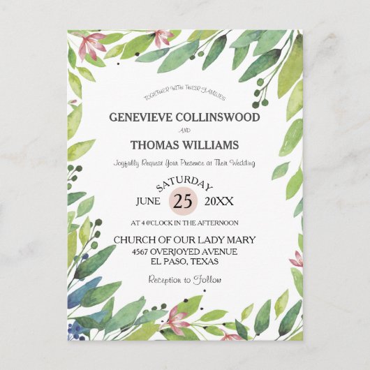 Hübscher Frühling Botanischer Rosa Hochzeit einlad Postkarte (Vorderseite)