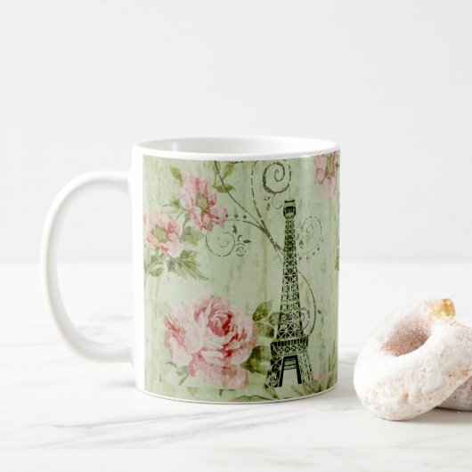 hübscher Frühlingsminzturm, rosa Blumenparis Kaffeetasse (Mit Donut)