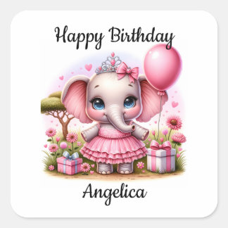 Hübscher Geburtstag Elefant in rosa Kleid und Tiar Quadratischer Aufkleber