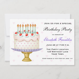 Hübscher Geburtstagskuchen mit Herz und Kerzen Einladung