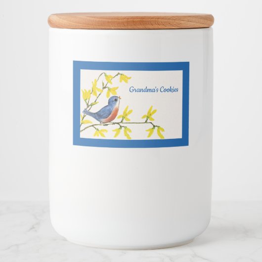 Hübscher Gesang Rot und Blauer Vogel auf Zweigstel Lebensmitteletikett (Vorderseite)