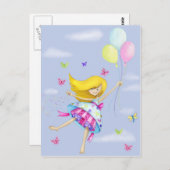Hübscher Girl Balloon Luftflug mit Extravaganten G Postkarte (Vorne/Hinten)