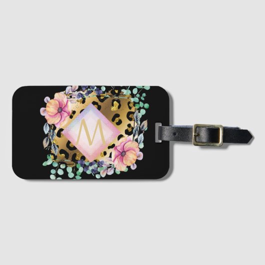 Hübscher Girl Leopard Print Gold Pink Mit Monogram Gepäckanhänger (Vorderseite (Horizontal))