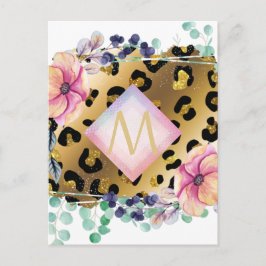 Hübscher Girl Leopard Print Gold Pink Mit Monogram Postkarte