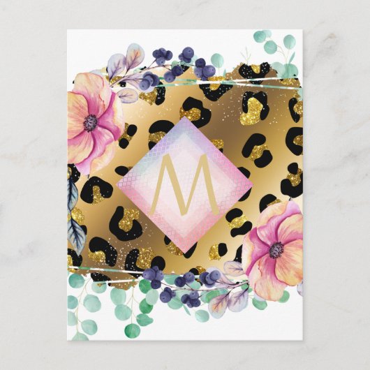 Hübscher Girl Leopard Print Gold Pink Mit Monogram Postkarte (Vorderseite)